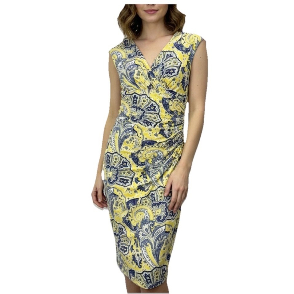 Ralph Lauren Yellow Blue Paisley Faux Wrap Sleeveless Stretch Sheath Dress‎ 4
